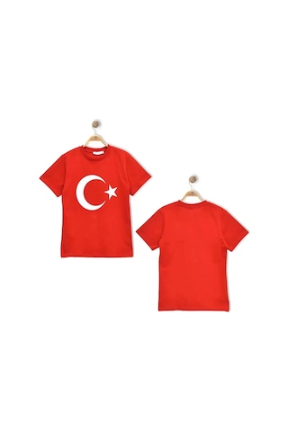 Alg Türk Bayrak Baskılı Ay Yıldızlı Kırmızı Çocuk Tişört %100 Pamuk Bir Beden Büyük Önerilir Kirmizi
