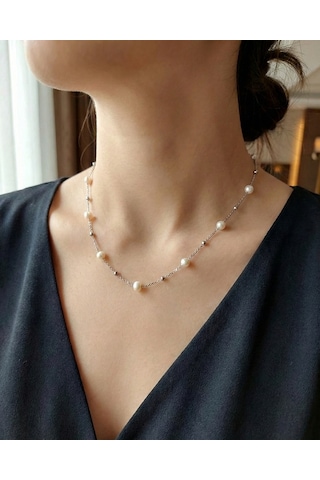 Gerçek Kültür İncisi Dorika Detaylı Gümüş Renk Çelik Kolye 40cm Kararmaz Gümüş