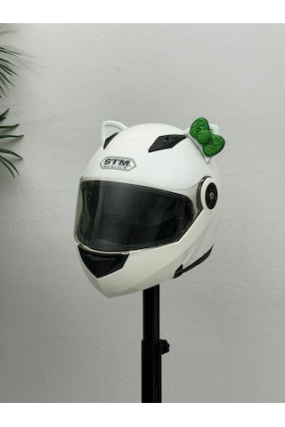 Motor & Motosiklet Yeşil Fiyonklu Beyaz Kedi Kulak Kask Dış Aksesuarı Diğer