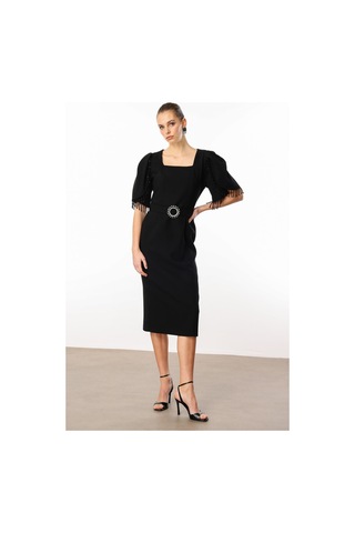 Moda İlgi Kadın Kolları Şerit Boncuk Aksesuarlı Elbise 0001 Siyah Siyah