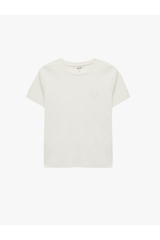 Koton Pamuklu Slim Fit Kısa Kollu Bisiklet Yaka Nakış Detaylı Fitilli Tişört Ekru 6sak50074ek Ekru