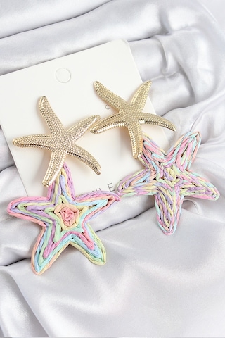 Pirinç Sallantılı Rainbow Deniz Yıldızı Model Gold Renk Hasır Küpe Altın Pirinç Sallantılı Rainbow Deniz Yıldızı Model Gold Renk Hasır Küpe Altın