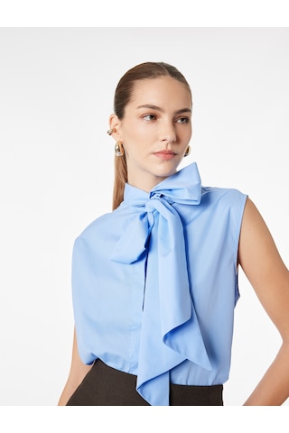 Koton Kolsuz Dik Yaka Bağlama Detaylı Poplin Fiyonklu Bluz Mavi 6sak60278uw