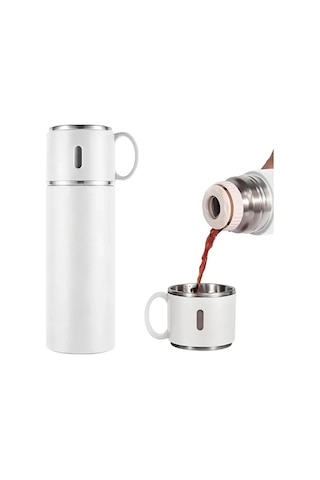 Kişiselleştirilebilir 3 Bardaklı Çelik Termos 05 Lt Beyaz Beyaz