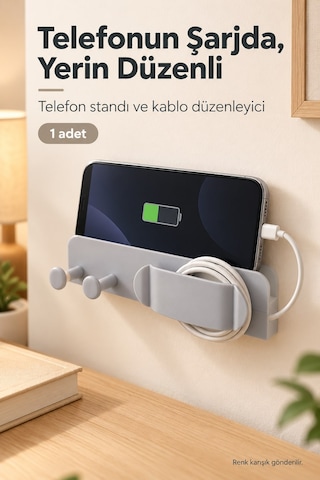 Kablo Düzenleyici Ve Telefon Şarj Standı Delmeden Yapışkanlı Askılı