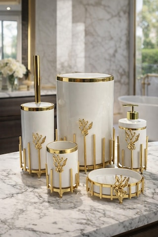Makri Home Gold Kaplama Metal Stantlı 5 Parça Mermer Desenli Ve Düz Renk Seçenekli Banyo Aksesuar Takımı Beyaz