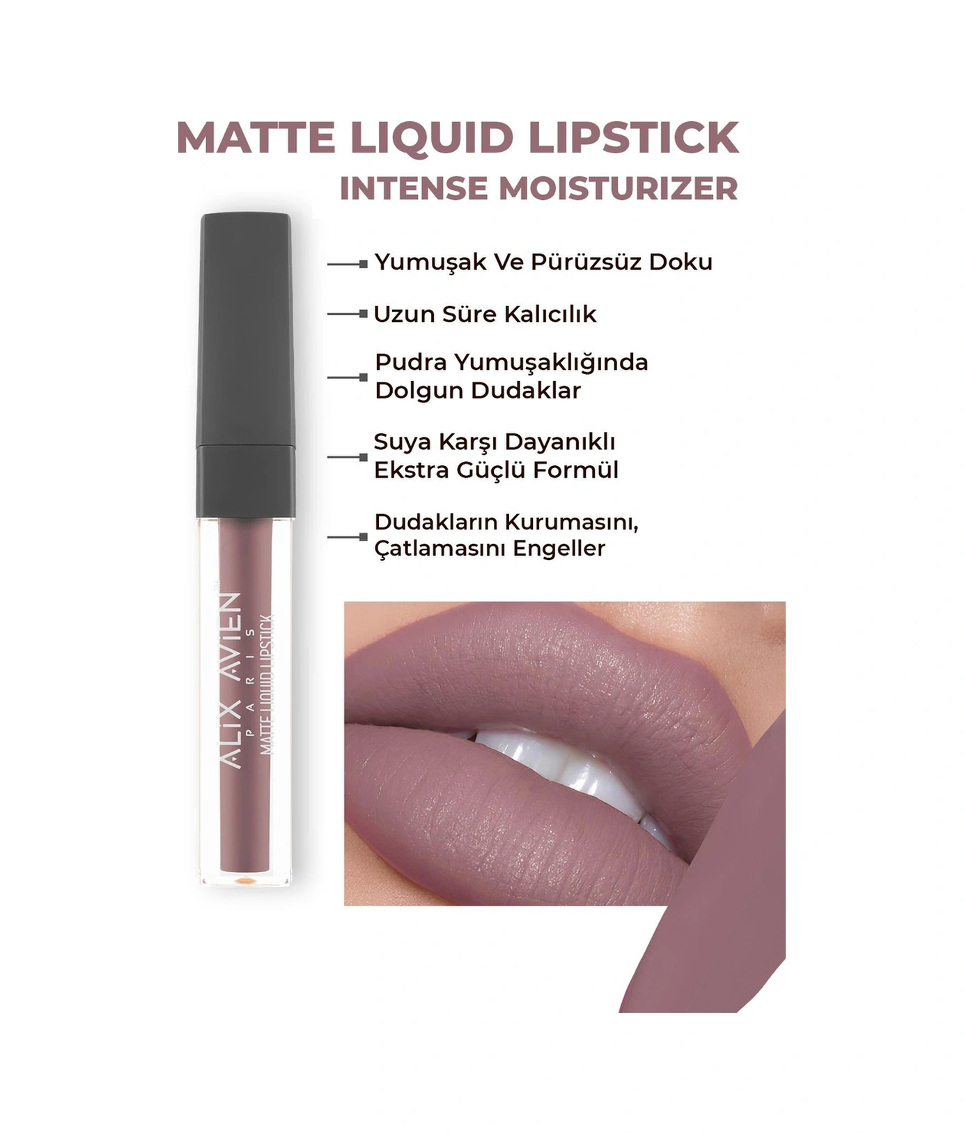 Alix Avien Uzun Süre Kalıcı Kadifemsi Kuruma Yapmayan Mat Likit Ruj Matte Liquid Lipstick 511 Ashy Rose