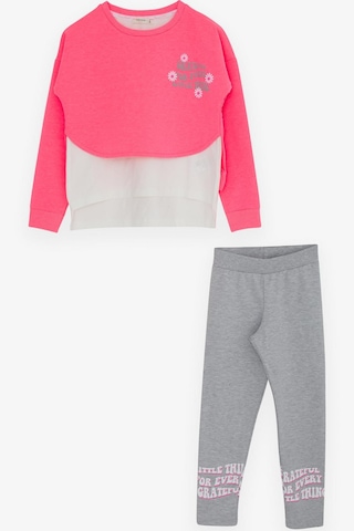 Breeze Kız Çocuk Taytlı Takım Yazı Çiçek Baskılı 8-12 Yaş, Neon Pembe