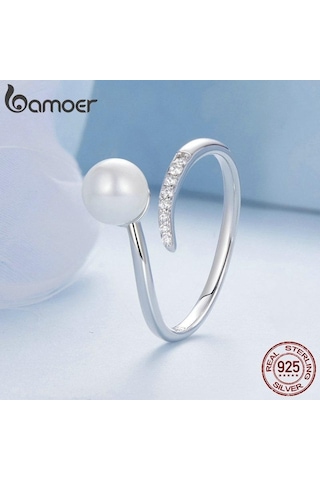 Bamoer 925 Ayar Gümüş Kaliteli Kabuk Inci Açılış Yüzük Zirkon Ayarlanabilir Yüzük Zarif Güzel Takı Kadınlar İçin
