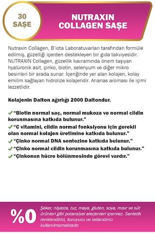 Nutraxin Collagen 30 Saşe 10.000 Mg Tip 1 Tip 3 Ananas Aromalı Hyalüronik Asit Çinko B5, B6, Biotin, Selenyum