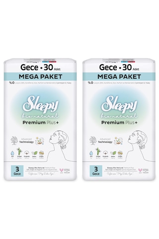 Sleepy Bio Natural Premium Plus Hijyenik Ped Mega Paket Gece 30x2 (60 Adet) + Cüzdan Hediyeli