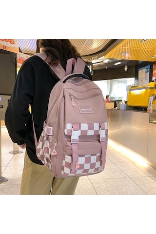 Novahub Siyah Dama Tahtalı Çanta Desenli Okul Çantası Kız Öğrenci Sırt Çantası Ortaokul Kadın Sırt Çantası Siyah