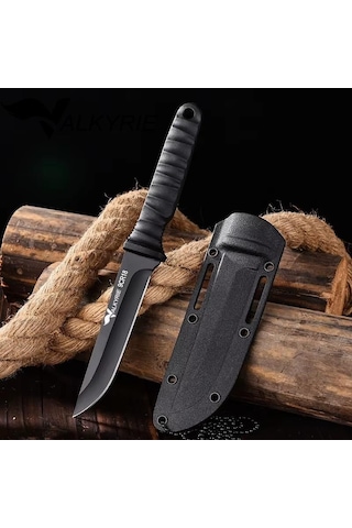 Valkyrie - 9cr18 Soğuk Çelik Boyun Askılı Kılıflı Kamp Av Bıçağı Paslanmaz Çelik Siyah Siyah