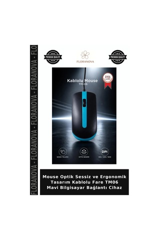 Mouse Optik Sessiz Ve Ergonomik Tasarım Kablolu Fare Tm06 Mavi Bilgisayar Bağlantı Cihaz