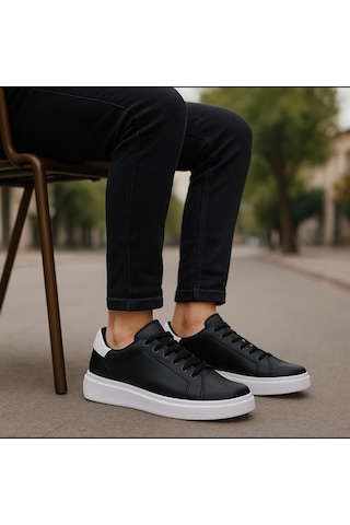 Erkek Siyah Beyaz Tabanlı Bağcıklı Sneaker Spor Ayakkabı-641 Siyah  -  Beyaz