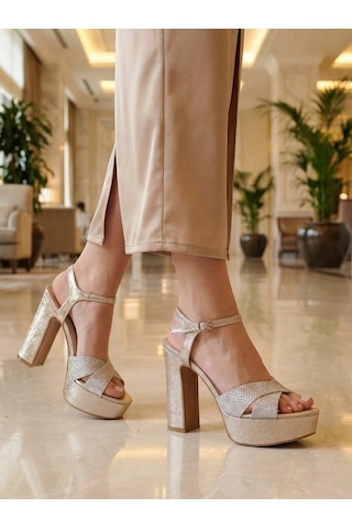 Nesilshoes Nesil Shoes Carel 2057 Altın Simli Platform Kadın Sandalet Altın Sim