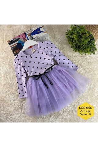 Retro Women Kız Çocuk Mor Puantiyeli Uzun Kollu Tütülü Abiye Doğum Günü Özel Gün Hediye Günlük Prenses Elbise Mor