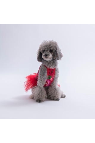 Red Wildflowers Kırmızı Çiçek Desenli Kedi Köpek Elbisesi - Kedi Köpek Kıyafeti