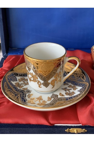 Güral Porselen El Dekoru 2 Kişilik Altın Yaldızlı Türk Kahve Finc