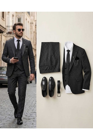 Beystil Sivri Yaka Siyah Kırçıllı Takım Elbise Storm- Slim Fit Siyah