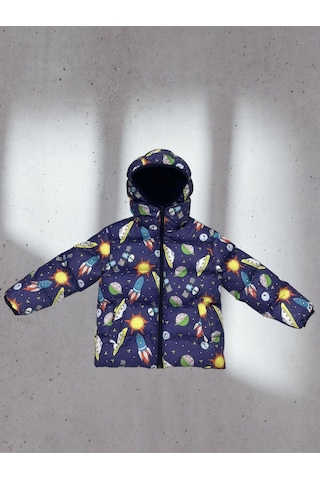 Erkek Çocuk Içi Polarlı Kapüşonlu Ufo Desenli Kışlık Şişme Mont Çok Renkli