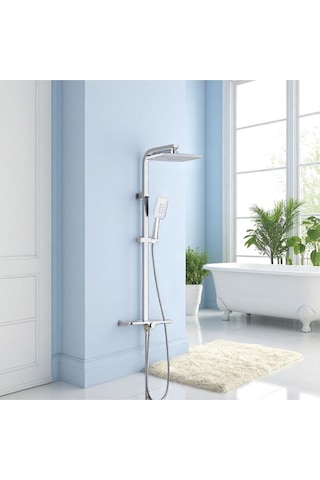 İsaoğlu Yapı Banyo Duş Sistemi Tepe Yağmurlamalı Kare Borulu Kare Tasarım Premium Duş Başlığı Gri