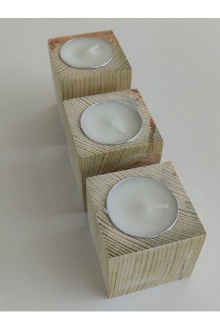 Doğal Ahşap Küp Mumluk 5 X 5 Cm 3 Lü Set Mum Dahil