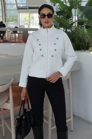 Kechi Woman Scuba Kumaş Çin Düğmeli Fermuarlı Ceket Beyaz