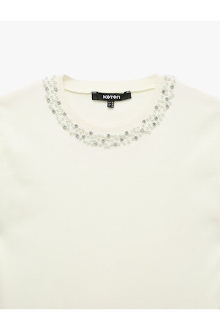Koton Regular Fit Boncuklu Bisiklet Yaka Kısa Kollu Viskon Triko Kazak Ekru 7wak90135ht