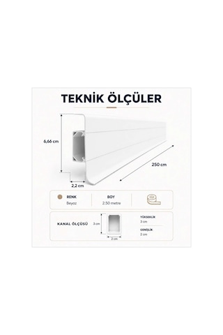 Esquero Kablo Kanallı PVC Süpürgelik 250 cm, Açılabilir Kapaklı, Beyaz, ESQ601