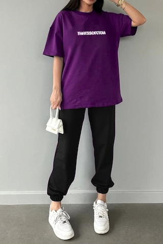 Thatssofetch Mor T-shirt Siyah Eşofman Altı Jogger - Baskılı Alt Üst Takım Bisiklet Yaka Mor Siyah