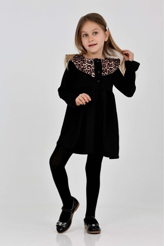 Kız Çocuk Yaka Desenli Bürümcük Elbise 12190 Siyah