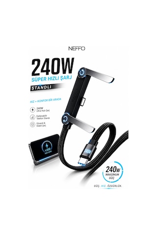 240w Ultra Hızlı Type-c Şarj Data Kablosu Katlanabilir Standlı Ergonomik Tasarım 1.5m Örgülü 1.5 M