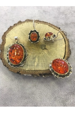 Kehribar Taşlı Gümüş Set 925 Ayar (372671266)