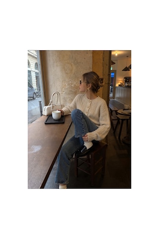 Nilza Vienna Premium Mocha Bej Gold Düğmeli Saç Örgü Triko Hırka Bej