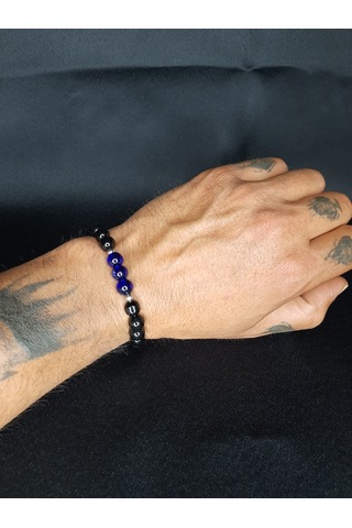 Mryart Doğal Görünümlü Siyah & Lacivert Cam Boncuklu El Yapımı Bileklik - Unisex Siyah - Mavi