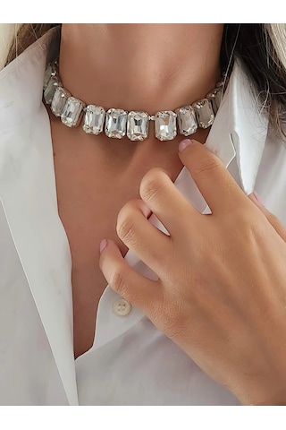 Harmonia Elmas Görünümlü Baget Kare Model Choker Kolye Silver