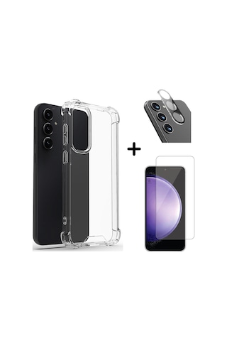 Samsung Galaxy Uyumlu S23 Fe Kılıf Şeffaf Temperli Kırılmaz Cam Ekran Ve Kamera Lens Koruyucu Seti