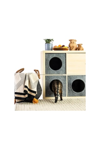 Kedi Evi Yuvası Keçe Açık Gri 3mm Kaliteli Keçe 32x32x32 Cm 1 Adet Mindersiz A1