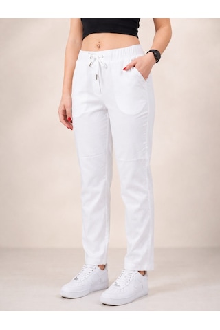 Neden Tekstil Basic Beyaz Beli Lastikli Rahat Kesim Pamuklu Pantolon