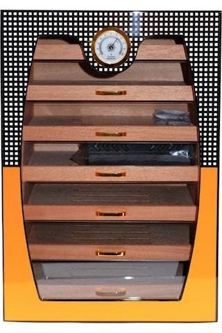 Cohiba Sarı-gri Nokta Desenli 7 Çekmeceli Sedir Humidor Puro Kutusu