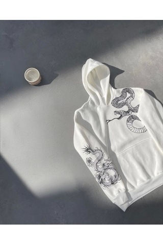 İkales Uzun Kol Kapşonlu Baskılı Sweatshirt - Beyaz