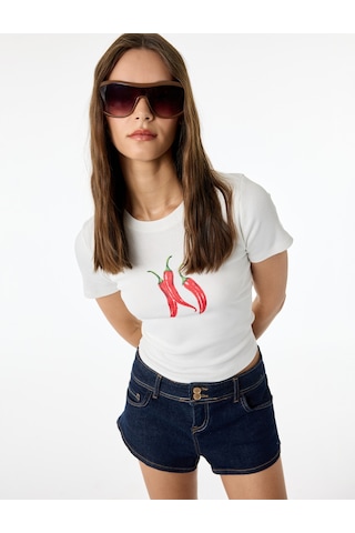 Koton Pamuklu Slim Fit Kısa Kollu Bisiklet Yaka Baskılı Tişört Ekru 6sal10962ık