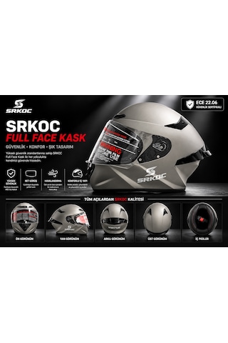 Srkoc İntercom Uyumlu Full Face Ece 22.06 Sertifikalı Gri Motorsiklet Kaskı