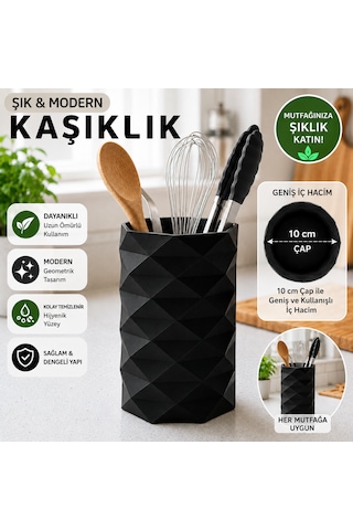Geometrik Tasarımlı Mutfak Kaşıklığı Organizeri 10 Cm Çap Geniş İç Hacimli Tezgah Üstü Kaşıklık Siyah