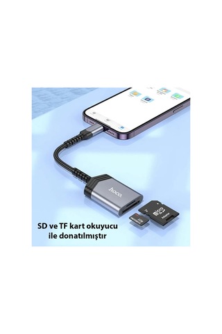Hoco Ua25 2-in-1 Apple Uyumlu iPhone Lightning Kart Okuyucu- 5775 - Karbul5766-1008 Gri