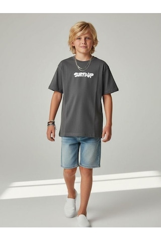 Zekids Erkek Çocuk Pamuklu Sırt Baskılı Kısa Kollu Tasarım T-shirt-16866 Gri