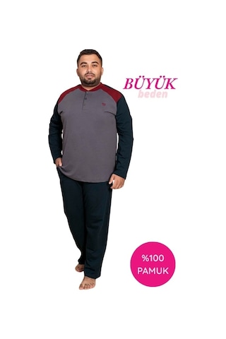 Erkek Büyük Battal Beden Desenli 3 Düğmeli %100 Pamuk Mevsimlik Uzun Kol Cepli Pijama Takımı Koyu Gri