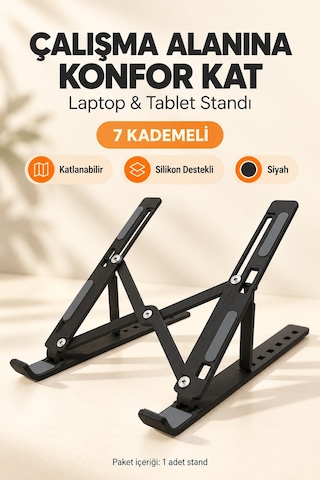 7 Kademeli Ayarlı Katlanabilir Laptop Ve Tablet Standı Siyah Kaymaz Silikon Destekli Masaüstü Tutucu