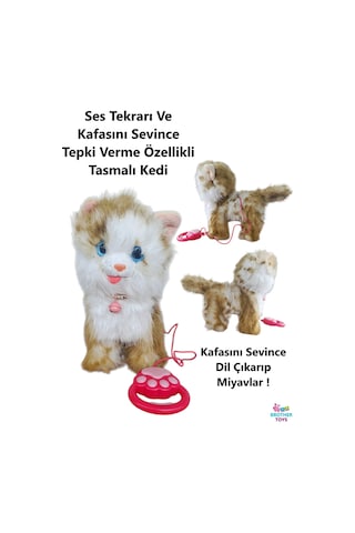 Ses Tekrarlayan Kafasını Sevince Tepki Veren Yürüyen Havlayan Tasmalı Kuyruğunu Sallayan Oyuncak Kedi Köpek 25 Cm. Kahverengi